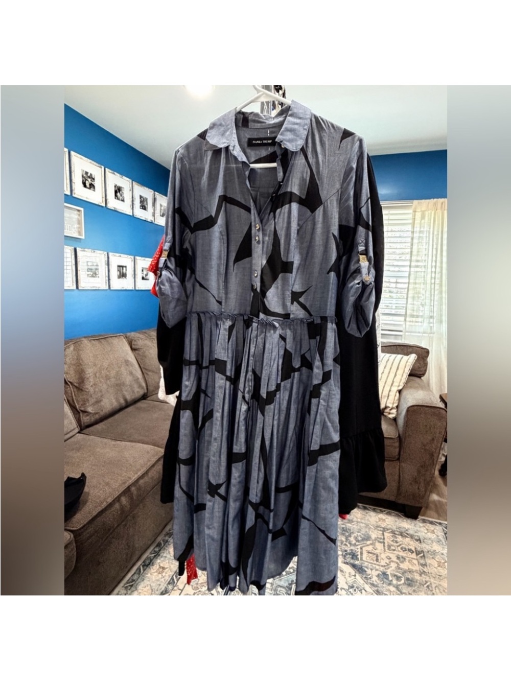 Ivanka Trump Gray Midi Shirt Dress with Black Abstract Motif
